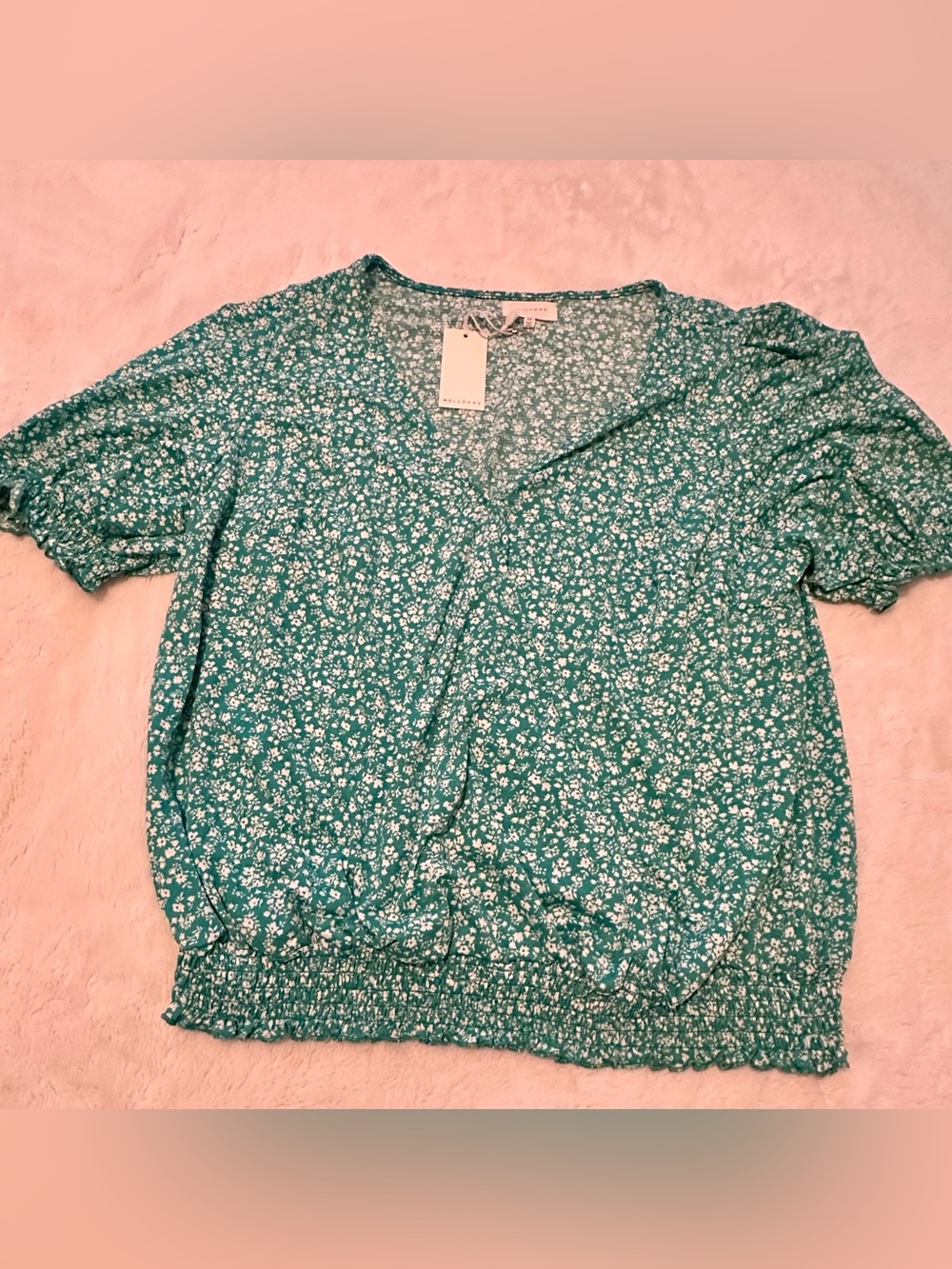 Green Floral V-Neck Smocked-Hem Blouse